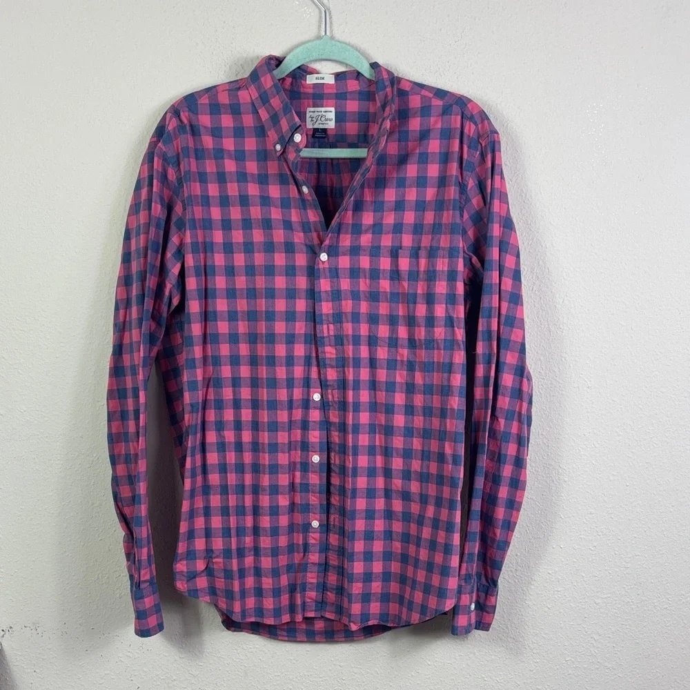 J. Crew Slim Stretch Button Down Shirt Pink Blue Gingham Checkered size Large